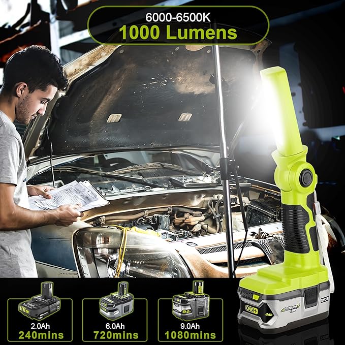 YEX-BUR LED Work Light for Ryobi 18V Battery, 12W 1000LM Protable Flashlight with Low Voltage Protection 270° Rotating Wide-Angle Lighting for Workshop, Camping, Outdoor