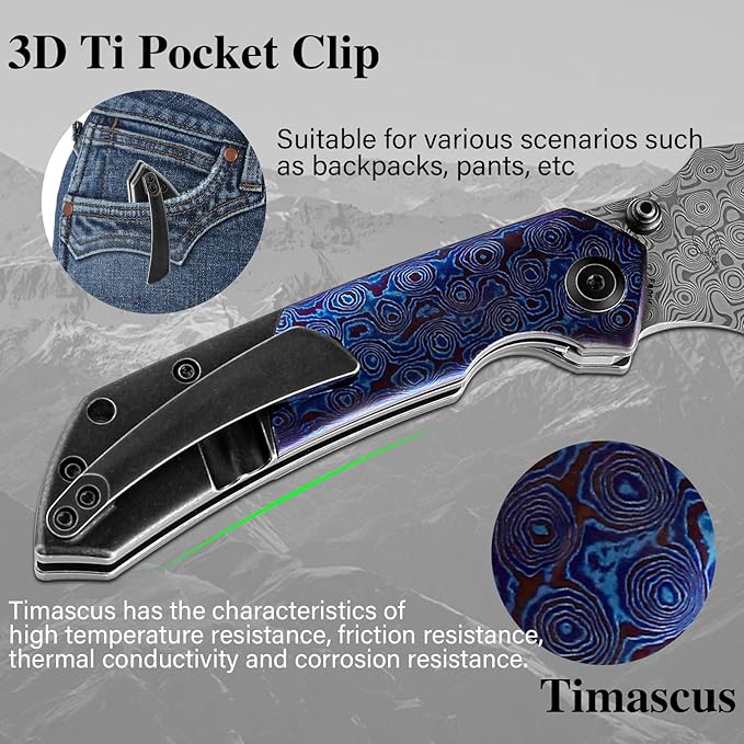 KANSEPT Fenrir Pocket Folding Knives for Men Women EDC Camping Fishing Knives 3.48'' Damascus Harpoon Blade Knives with Black Stonewashed Titanium Timascus Handle and Ti Clip Tactical K1034A8