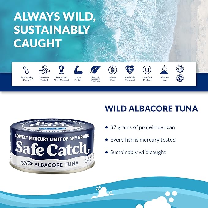 Safe Catch Wild Albacore Tuna Canned Low Mercury Can Tuna Fish Steak Gluten-Free Keto Food Non-GMO Kosher Paleo-Friendly High Protein Every Can Of Tuna Is Tested No Water Oil Tuna, Pack of 12 5oz