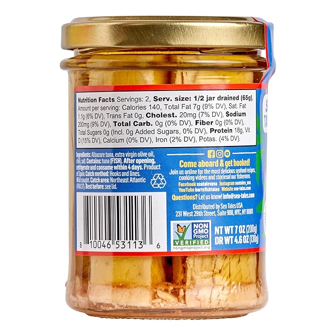 Sea Tales Albacore Fillets in Extra Virgin Olive Oil with Chili in Jar - 100% Pole & Line Wild Sustainably Caught - High Protein Food - Keto Friendly - 7 oz. Jars (Pack of 6)