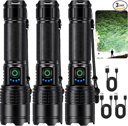 Rechargeable Led Flashlight High Lumens - 99,000lm Bright Powerful Flash Light with 5 Modes, Waterproof Handheld Linterna for Home, Camping(3 Packs)