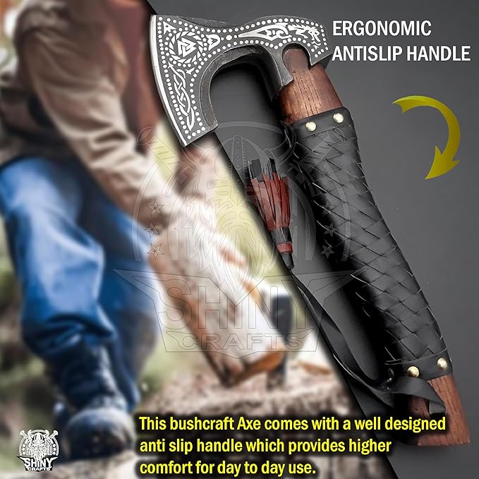 SHINY CRAFTS®- Engraved Viking Axe – Gift for Outdoorsman Hand-Forged Hatchet with Leather Wrap Ideal for Holiday or Wedding Gifts (SCA-10)