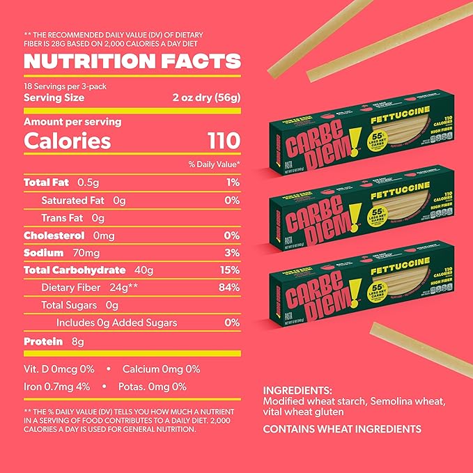 Carbe Diem!, Fettuccine, Lower Net Carb Pasta with Traditional Flavor & Texture, 8 grams of Protein, 55% Fewer Net Carbs & Only 110 Calories Per Serving, Pack of 3