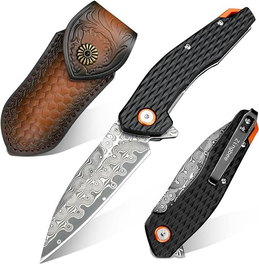 Damascus Folding Knife, 3.03" Damascus Steel Blade Pocket Knives with Clip, Black Aluminum Handles, Camping Folding Knife for Hunting Fishing Hiking Outdoor