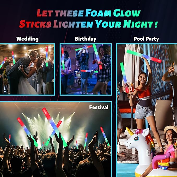 32 Packs 15.7 inch Foam Glow Sticks Bulk, 3 Color LED Light Foam Sticks, Glow In The Dark Party Supplies, 3 Modes Colorful Flashing for Christmas, Birthday