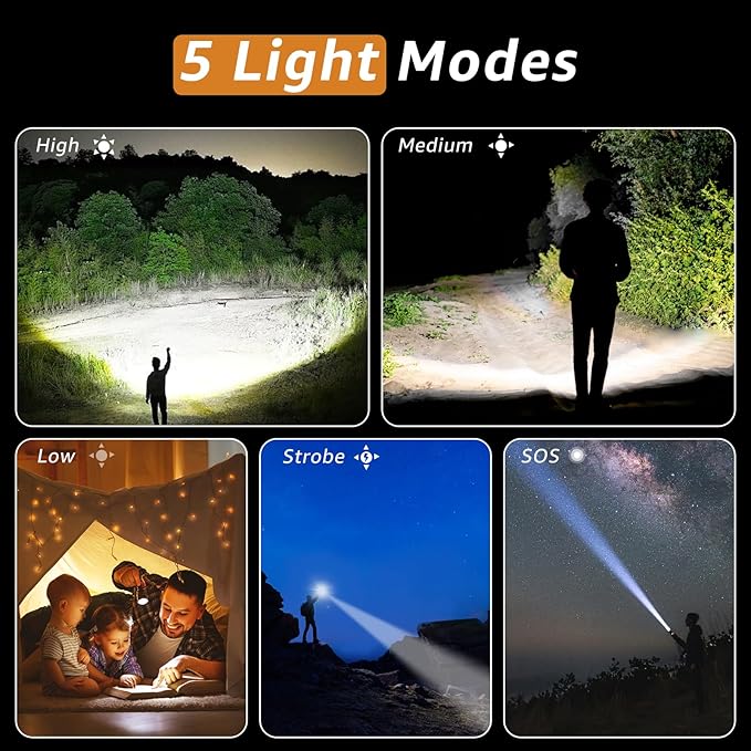 Rechargeable Flashlights High Lumens, Super Bright LED Powerful Tactical Flashlight, High Powered Flashlight, 5 Modes Zoomable Waterproof Handhel Flash Lights for Emergency Home Camping Hiking Outdoor