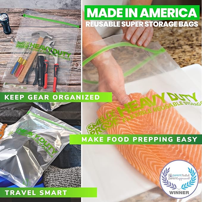 Smelly Proof REUSABLE STORAGE BAGS, Extra Large HEAVY DUTY 5-mils US-Made, BPA FREE, NO PEVA, Dishwasher-Safe Reusable Freezer Bags Triple Zip CLEAR FLAT XXL 2-Gallon 12" x 16" - 5pk