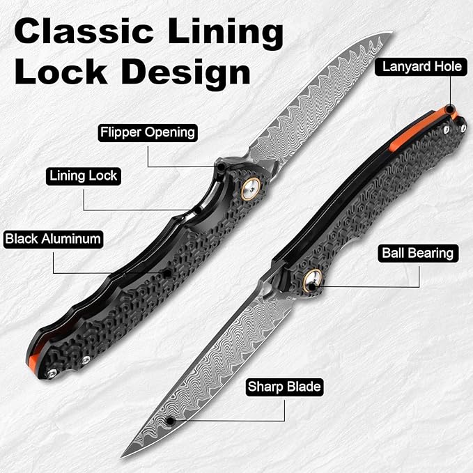 Damascus Pocket Knife for Men Women, 3.35" VG10 Core Damascus Steel Blade Folding Knives with Black Aluminum Handle, EDC Camping Knife