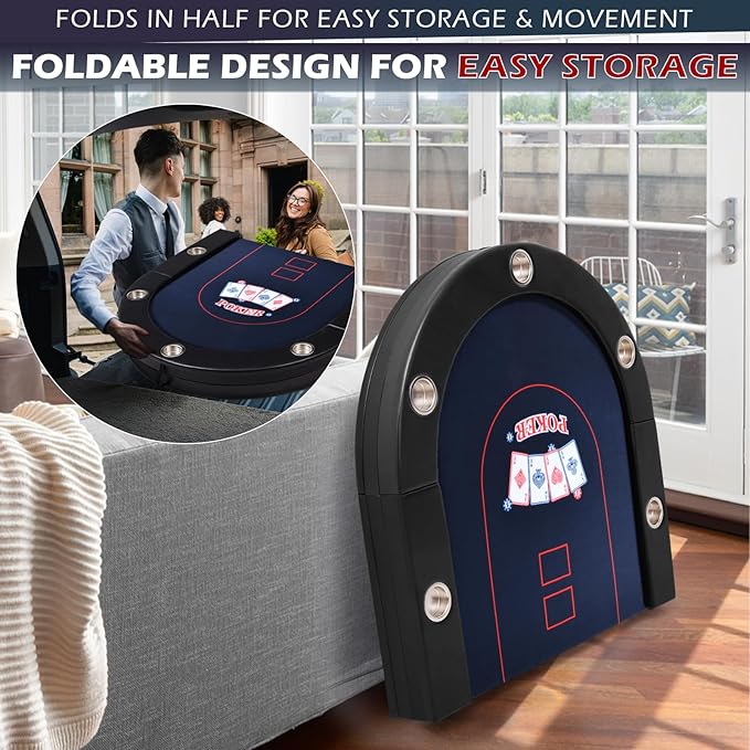 Poker Table Foldable, 8/10 Player Folding Poker Tables with Casino Grade Felt, Padded Rails & Cup Holders, Portable Poker Table for Texas Holdem (72 Inch-Black & Dark Blue)