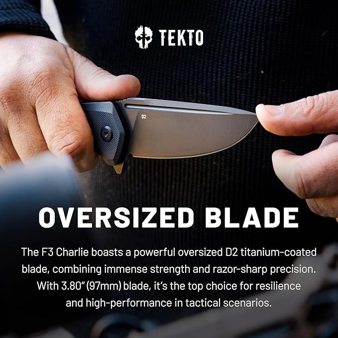 F3 Charlie Button Lock Folding Knife, Oversized Fine Edge Blade, Tactical Black G10 Handle - Easy Open Pocket Knife with Titanium Coated D2 Steel & Black Titanium Barrel Spacers
