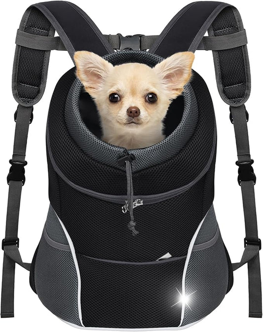 YUDODO Dog Front Carrier Backpack, Adjustable Breathable Pet Carrier for Small Dogs Cats, Ventilated Puppy Back Pack with Safety Belt, Lightweight Doggy Backpack for Hiking Outdoor (Black, Medium)