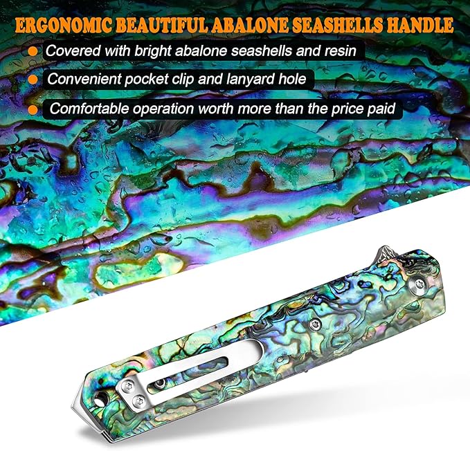 AUBEY Damascus Pocket Knife with Clip, Sharp Tanto Blade with VG10 Core Folding Knife with Abalone Shell Handle and Glass Breaker, EDC Camping Knife for Gift Survival Collection