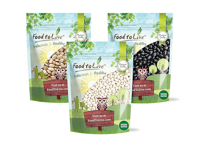 Food to Live Premium Dry Beans Bundle, 3 Pack - Black Beans (5 LB), Pinto Beans (5 LB), Navy Beans (5 LB), Non-GMO Verified, Sproutable, Bulk. Rich in Fiber, Protein. Perfect for Soups. Made in USA