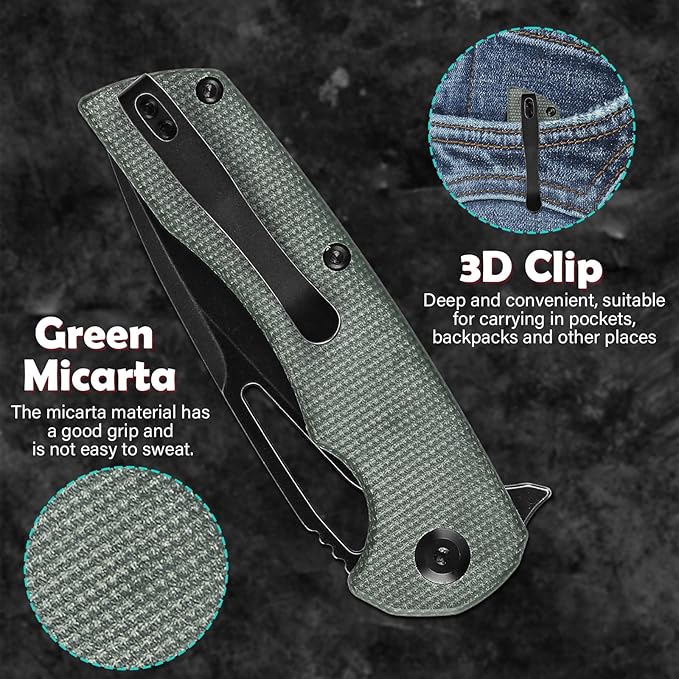 KANSEPT Kryo Pocket Knife 8.08in Folding Knives with 3.58in12C28N Steel Drop Point Blade and Green Micarta Handle for Outdoor, Tactical, Survival and EDC T1001M2