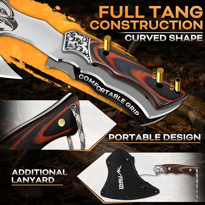 TIVOLI Camping Axe, Eagle - Patterned Survival Hatchet with Nylon Sheath, High Carbon Steel Blade Compact Outdoor Bushcraft Axe with Ergonomic Wood Grip, Camping Gear for Hiking, Chopping, Hunting