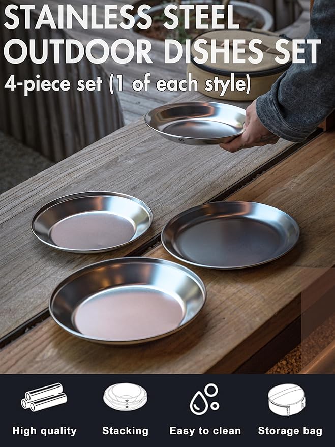 CAMPINGMOON Camping Plates 4 pack set Salad Side Dinner Plate Dishes Outdoor Tableware Stainless Steel with Canvas Case S397-1S