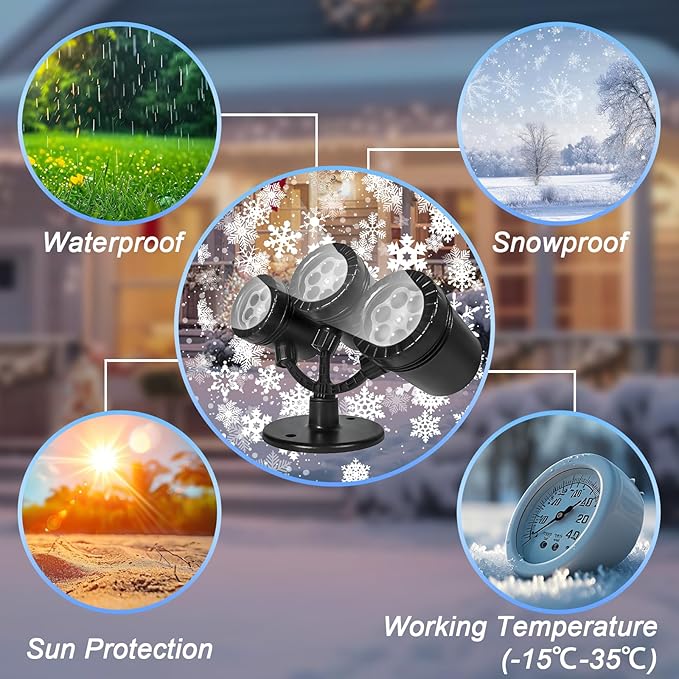 Snowflake Christmas Projector Lights Outdoor, [Timer] Triple Head Snowflake Projector Light, Waterproof 360°Rotating LED Snowfall Projector for Holiday Party Yard Garden Indoor Christmas Decoration