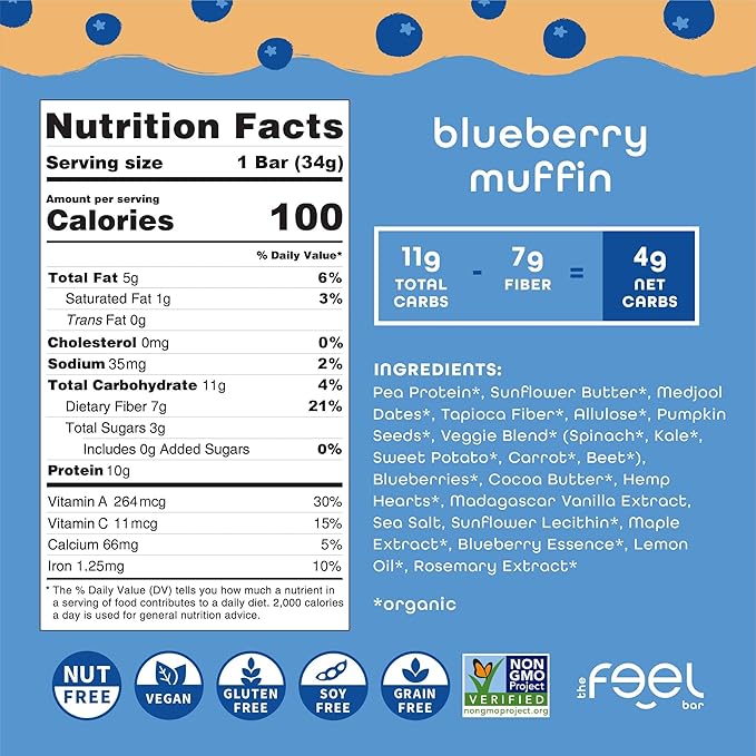 Feel Bar Minis ??Kids Protein Bars | Blueberry Muffin | 10g Plant Protein | 100 Calories | No Added Sugar | + Daily Veggies | Gluten Free, No Nuts, No Soy, No Dairy, No Grains (12 Pack)