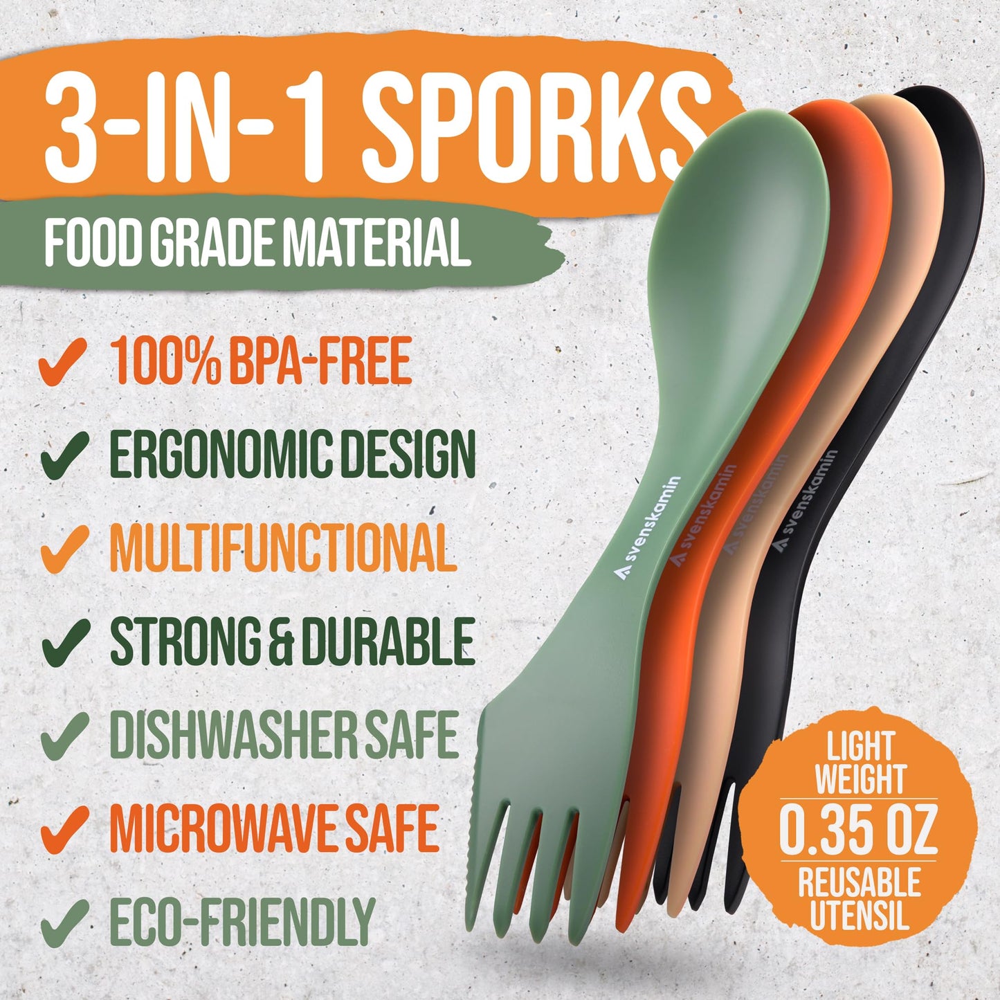 Reusable Camping Spork Set 4-Pack - 3-in-1 Travel Sporks, Lightweight Durable Utensils & Silverware