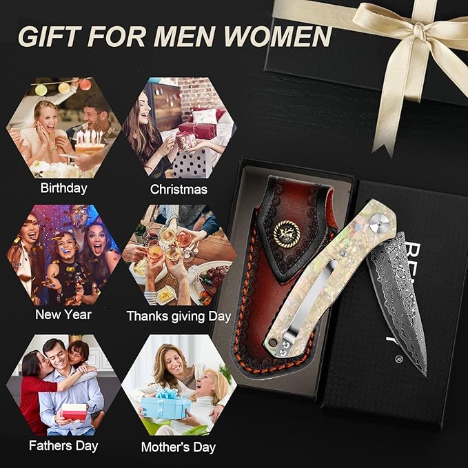 Benkey Damascus Pocket Knife, Extremely Sharp VG10 Core Damascus Steel Folding Knives with Clip and Leather Sheath, Unique Abalone Seashells Handle, Ball Bearing, Liner Lock, Knife for EDC Men Women
