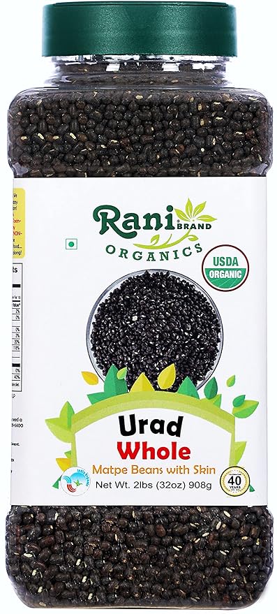 Rani Organic Urid/Urad Whole Black (Matpe Beans With Skin) Indian Lentils 32oz (2lbs) 908g PET Jar ~ All Natural | Vegan | Gluten Friendly | NON-GMO | Indian Origin | USDA Certified Organic