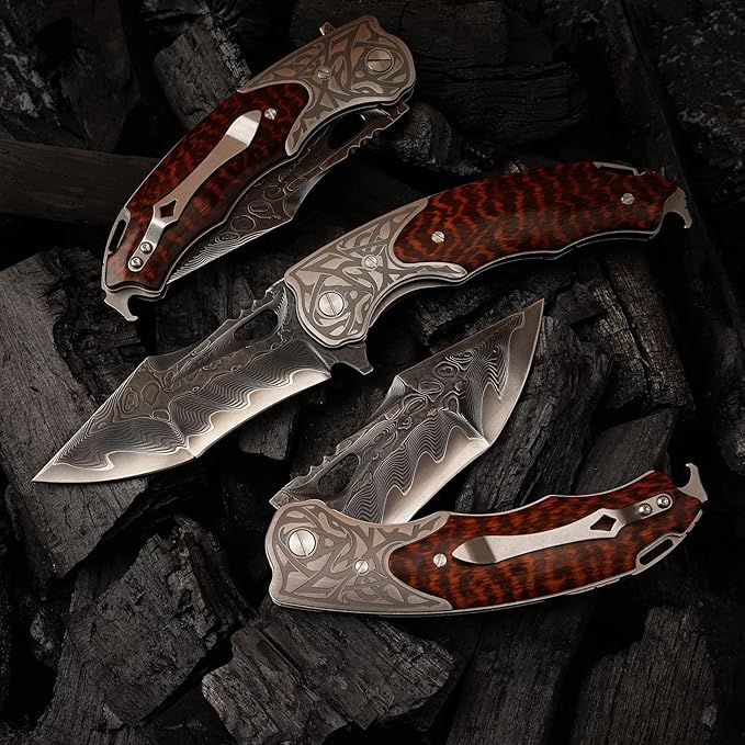 handmade damascus steel pocket folding knife, Snakewood handle with pocket clip and leather case, camping, climbing, fishing, EDC pocket knife