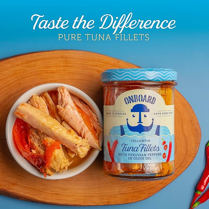 ONBOARD Yellowfin Tuna Fillets, Mediterranean Seafood Diet | Pescatarian Jarred Atun, Fresh Sea Tuna Salad | High in Protein - Healthy Ready-to-Eat Snacks, Packed in Glass Jar | (6 Packs, Peruvian Peppers)