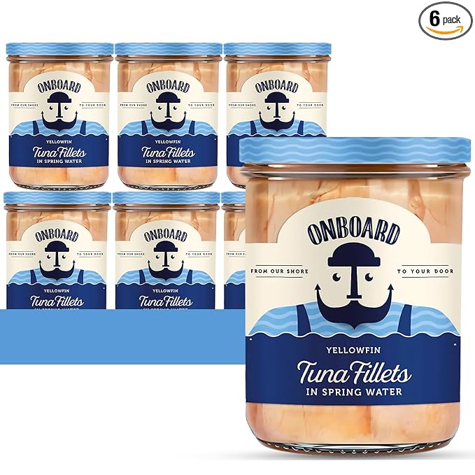 ONBOARD Yellowfin Tuna Fillets, Mediterranean Seafood Diet | Pescatarian Jarred Atun, Fresh Sea Tuna Salad | High in Protein - Healthy Ready-to-Eat Snacks, Packed in Glass Jar | (6 Packs, Spring Water)