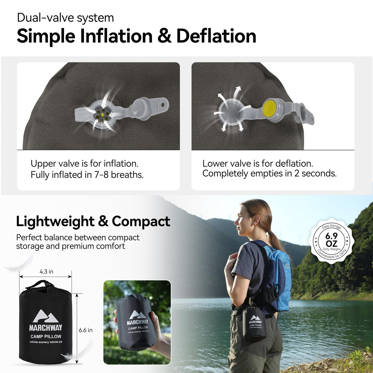 MARCHWAY Inflatable Camping Pillow with Soft Foam Top & TPU Air Bladder, Dual-Sided Support for