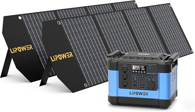 Lipower Solar Generator, 1120Wh Power Station 3 * 1000W AC Outlets(2000W peak), 60W USB-C Output, Generator for Camping, CPAP, Home BackupBlue+2 Solar Panels