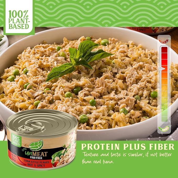 unMEAT Plant Based Tuna Style Flakes | Easy to Prepare Vegan Canned Tuna | Hot & Spicy, 12 pack