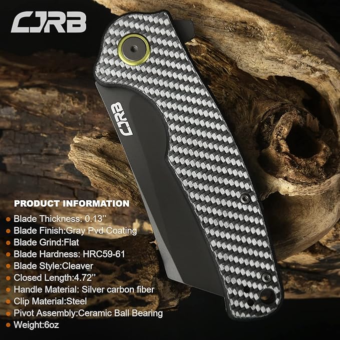 CJRB Crag Folding Pocket Knife, 3.43" AR-RPM9 Steel Blade Carbon Fiber Handle EDC Knife with Pocket Clip for Men Women Camping Survival Hiking, Grey (J1904)