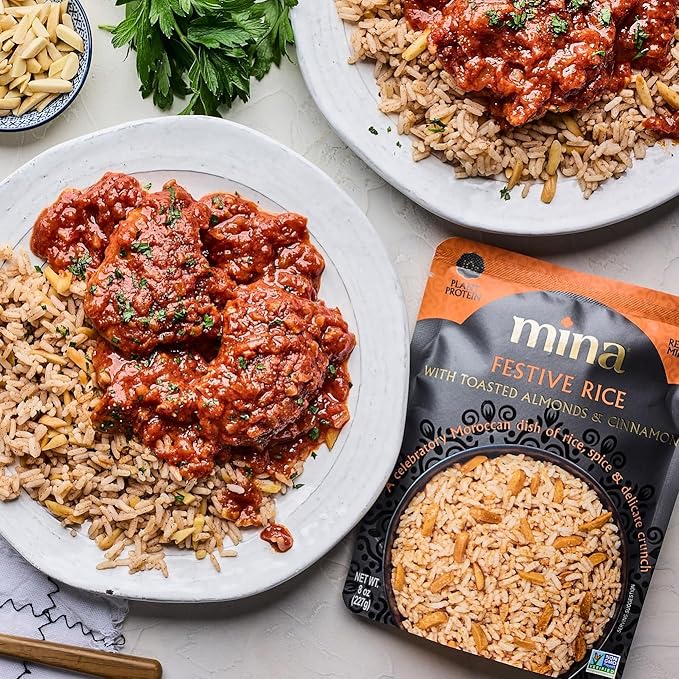 Mina Festive Rice, With Toasted Almonds & Cinnamon, Ready to Eat, Brown Rice, Side Dishes, Microwave Rice, Vegan Protein, Non-GMO, Gluten-Free, Kosher, 8 oz (Pack of 6)
