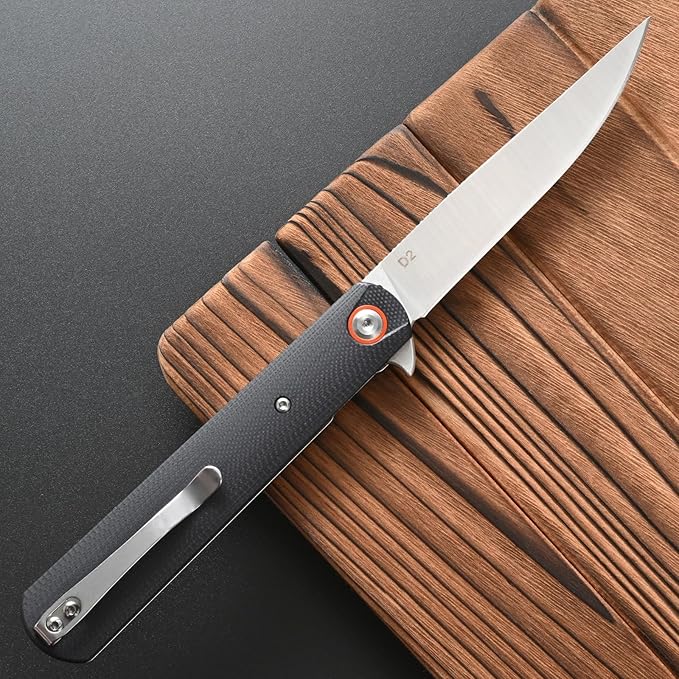 FF6 Folding Knife,D2 Steel Blade G10 Handle EDC Tool Knife for Camping,Hiking,Hunting,Fishing(Black)