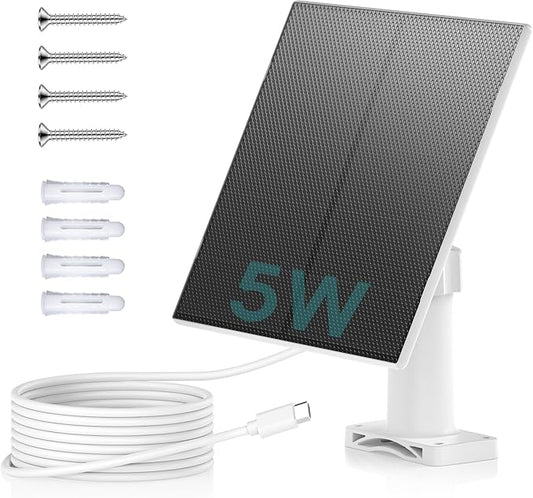 ZUMIMALL 5W Solar Panel for Security Cameras Wireless Outdoor, with Micro USB & Type-C Port, High-Efficiency Solar Power, IP66 Weatherproof, 360° Adjustable Bracket, 10ft Cable