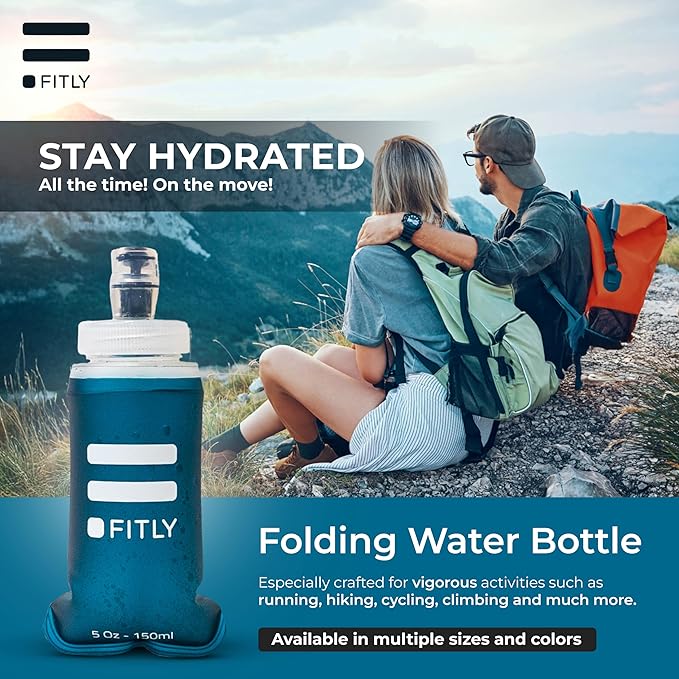 Premium Soft Flask - 5 oz (150 ml) - Shrink As You Drink Pocket Soft Water Bottle for Hydration Pack/Running Vest - Folding Water Bottle for Running, Hiking, Cycling - Ski Water Bottles - Petrol Blue