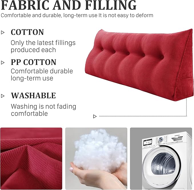 14 lbs Thickened Wedge Pillow Headboard Body Positioner Triangular Reading Pillow Bed Bolster Pillow for Sitting in Bedwith Removable Cover Gift for Dad Backrest Cordury Red Queen