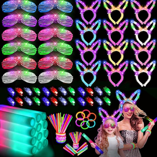 160 PCS Glow Sticks Bulk Party Pack:Glow in the Dark Party Supplies include Glowsticks,Foam Glow Sticks, LED Glasses, Finger Lights,Glow Rabbit Ear Headband,Halloween ，Wedding，Concert
