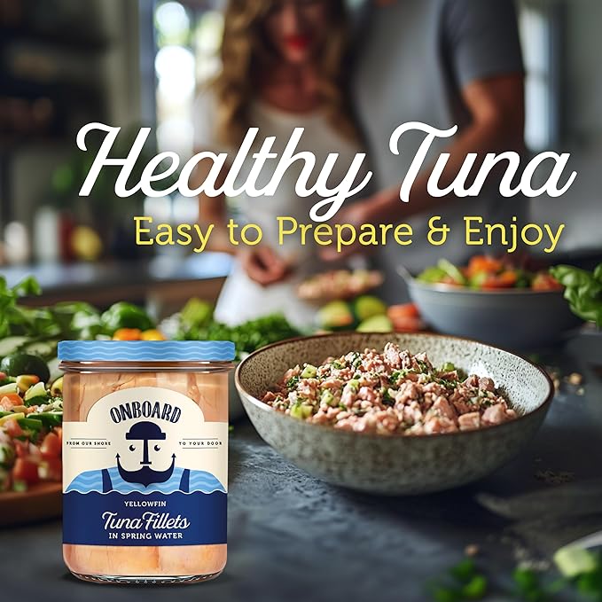 ONBOARD Yellowfin Tuna Fillets, Mediterranean Seafood Diet | Pescatarian Jarred Atun, Fresh Sea Tuna Salad | High in Protein - Healthy Ready-to-Eat Snacks, Packed in Glass Jar | (6 Packs, Spring Water)
