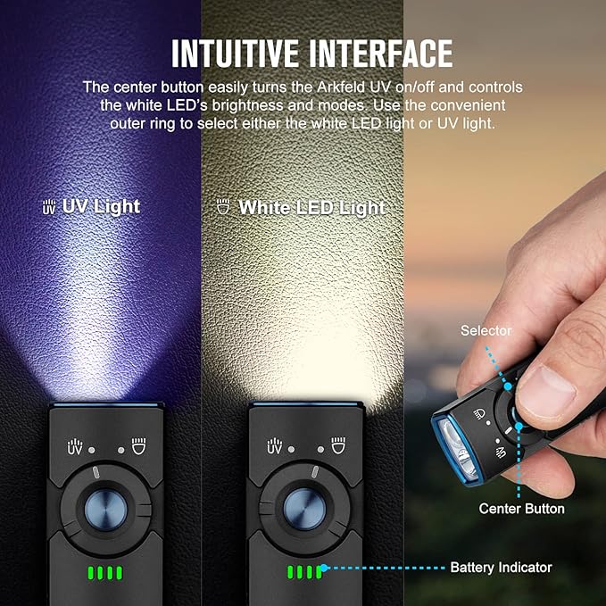 OLIGHT Arkfeld UV Rechargeable EDC Flashlight, 1000 Lumens White LED and 365nm Blacklight Combo for Outdoors, Emergency, Working, Pet Urine Detection (Black NW)