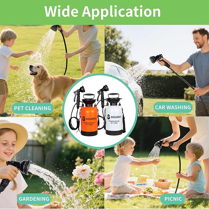 1.3 Gallon/5L Portable Shower with 10 Spray Modes, No Power Needed, Multi-use Sprayer for Camping & Beach Shower, Hiking, Pet Bath, Car Washing, Plant Spraying, Orange