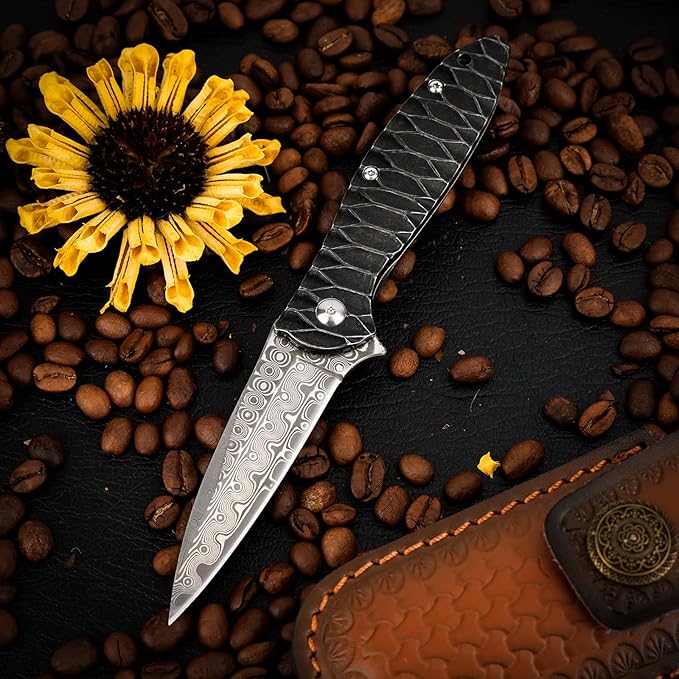 Damascus Pocket Knife, 2.87" Damascus Blade Folding Knives with Stainless Steel Handle, EDC Knife for Camping Hiking Hunting Gift