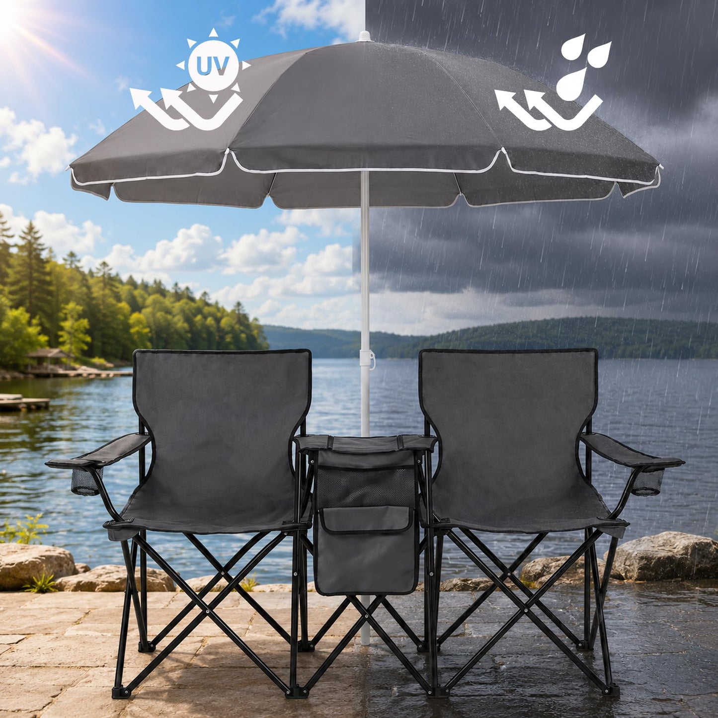 DOALBUN Folding Double Camping Chair with Umbrella Portable Picnic Chair