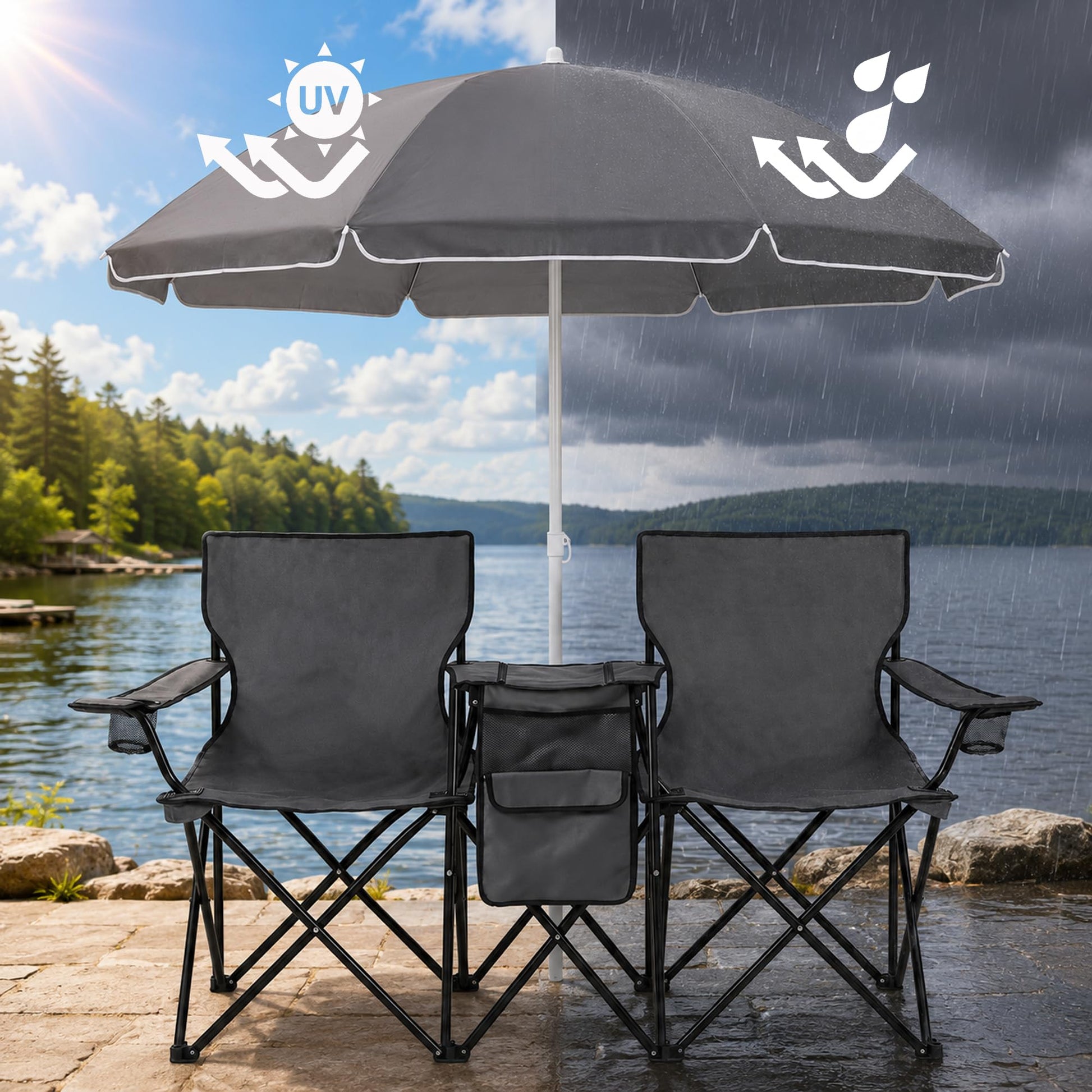 DOALBUN Folding Double Camping Chair with Umbrella Portable Picnic Chair