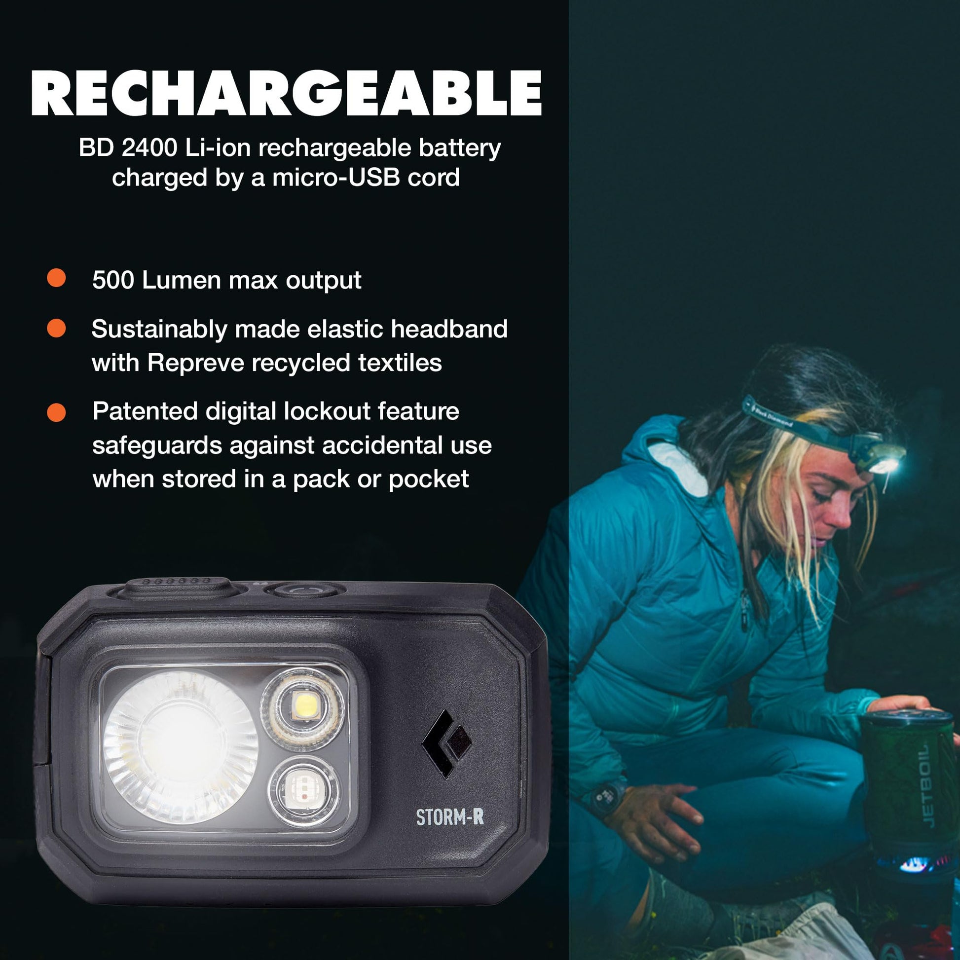 BLACK DIAMOND Storm 500-R Headlamp, Rechargeable, Dimmable Bright, BD Black