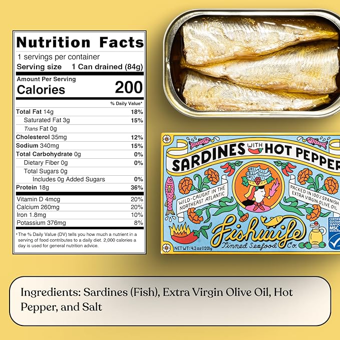 Fishwife Sardines with Hot Pepper 3-Pack (4.20 Ounce) | Wild-Caught & Hand-Packed with Spanish Extra Virgin Olive Oil | MSC-Certified Sustainable Seafood, High Protein, Gluten Free, Paleo Friendly, Keto Friendly, Omega-3s