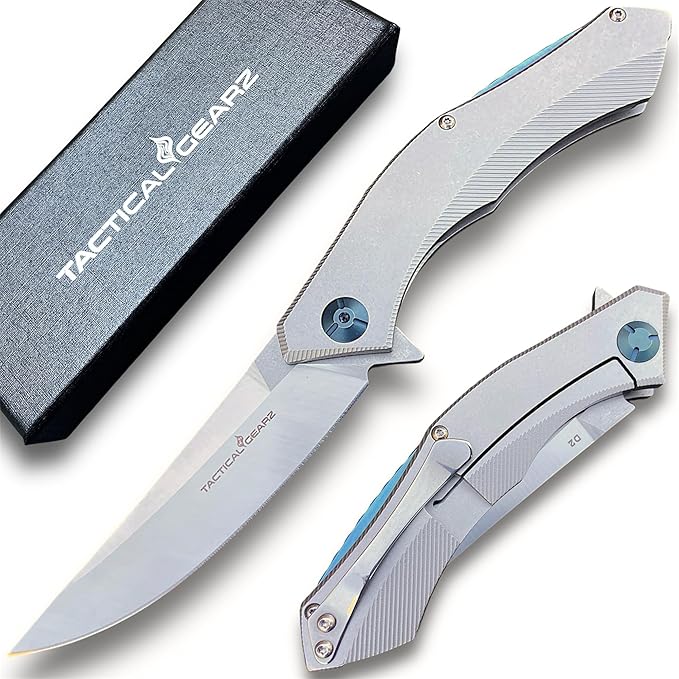 TACTICAL GEARZ Pocket Knife for EDC, Stonewashed Stainless Steel Handle, D2 Steel Blade, Includes Sheath (Triton S)