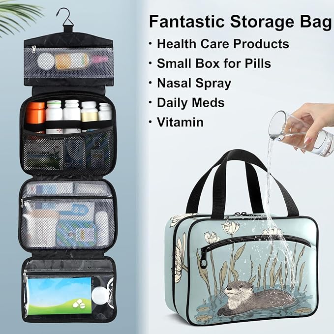 Fustylead Cute Otter and Lotus in Water Travel Medicine Organizer Bag Home Storage First Aid Kit Large Pill Case with Zipper for Pill Bottle, Vitamins, and Medical Supplies