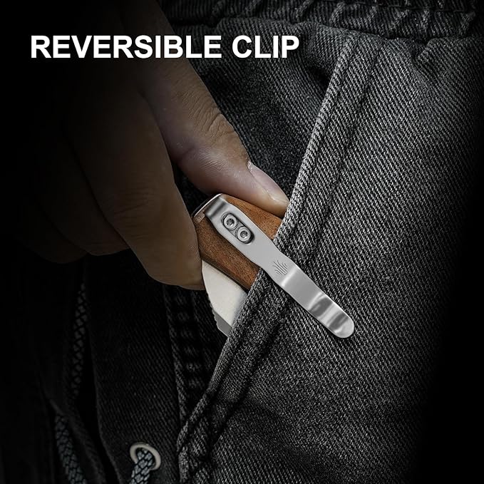 Kizer Bulldog Pocket Knife, 3 In Nitro V Blade Folding Knife Mkuruti Wood Handle Camping Hunting Knife with Reversible Clip, Clutch Lock Small EDC Knives for Men Women V3672A2