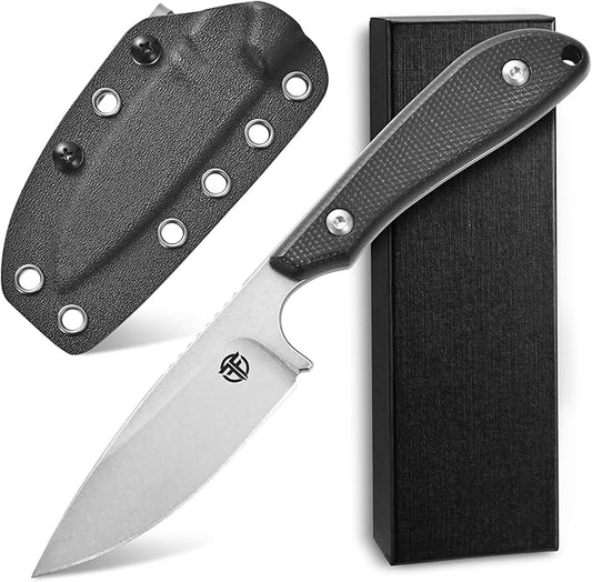 FF101 Micarta Handle Fixed Blade Knife, AUS-10 Steel Blade Full Tang Knife with Sheath for Outdoor Camping Hunting Fishing Working (Black)